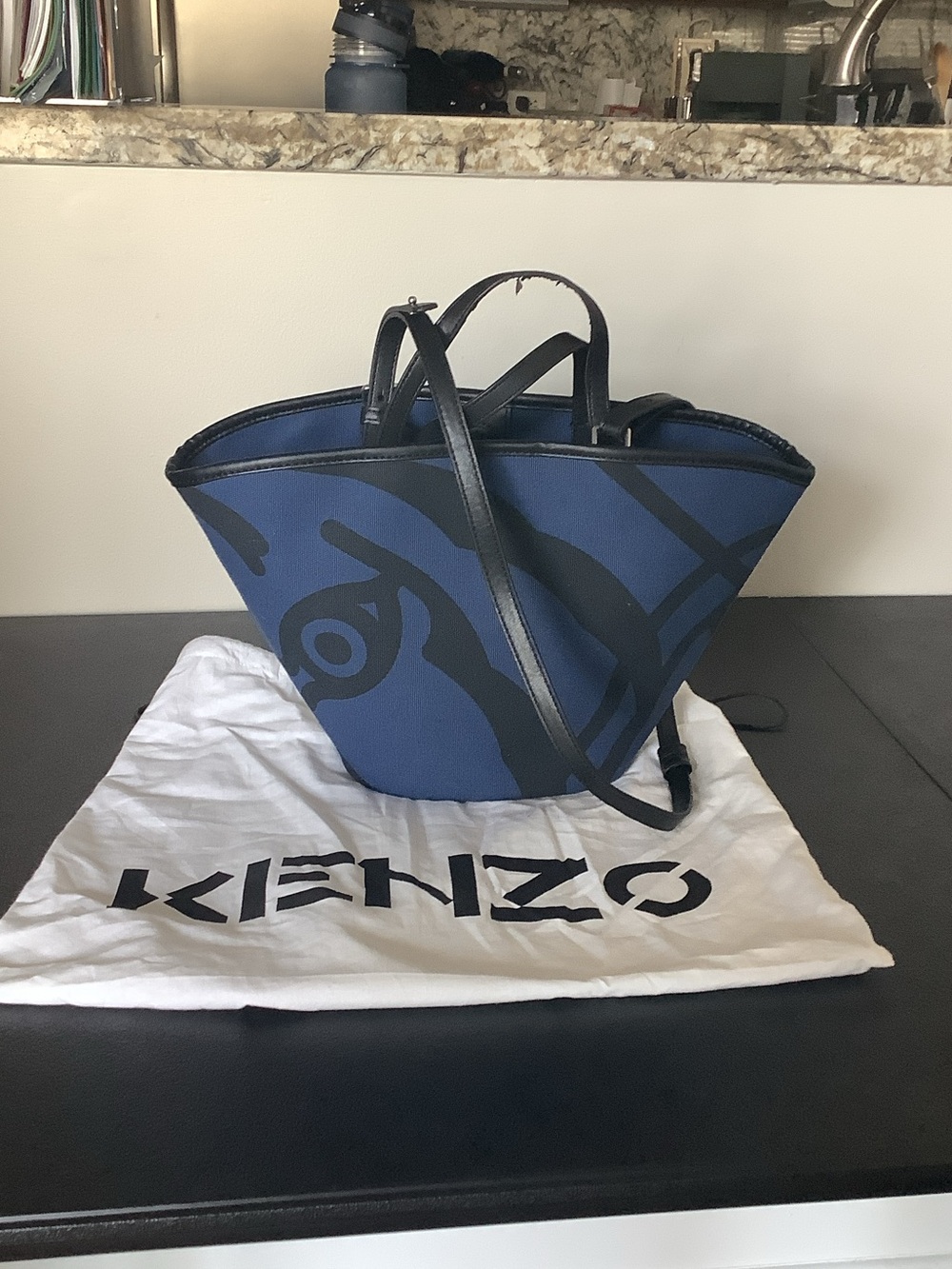 Kenzo Blue Tote with Black Graphic Accents